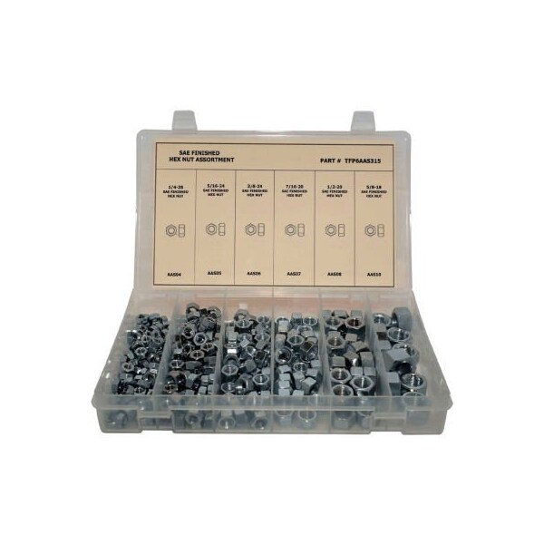 315 Piece Finished Hex Nut Assortment - 1/4in to 5/8in - Grade 2 - Fine Thread - Steel - Zinc